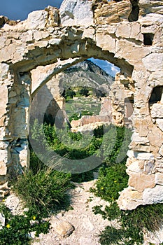 Door in the ruined 12th-century Knights Templar stronghold of Foinikas, Cyprus