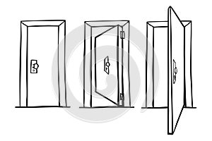 door set 3 vector simple hand draw sketch, close open