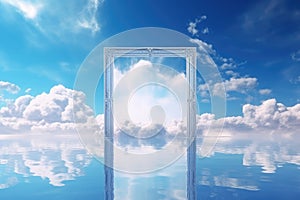 Door in the sky with clouds reflected in water