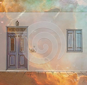 Door in the sky. Illustration of an old wooden door.