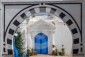 Door on the street of charming coastal town Sidi Bou Said close to Tunis capital