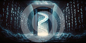 Door to the future with binary code. 3D rendering