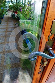 Tropical glass greenhouse entrance door photo