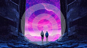 Door to other fantasy worlds. Two people observing a vibrant cosmic scene with purple sky and futuristic landscape from