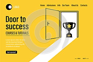 Door to success landing page. Open door and winner cup in doorway. Webpage template for online courses or business school