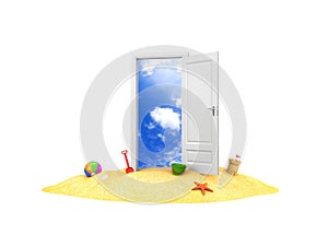 Door to summer holidays. Door on the sand