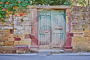 door on vintage house stone wall facade