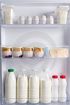 In the door of the white refrigerator, on the shelf are eggs, cheese, yogurt, cottage cheese and milk in bottles