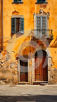 Door and windows with flowers on the yellow facade of the house. Colorful architecture. Wooden door and carved stone edges