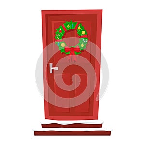 Door with a wreath of Christmas, lanterns and fir-trees on the sides. Vector illustration for a postcard or a poster. New Year`s