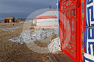 Door of a yurts camp in Mongolia, during winter