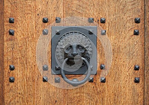 Doorknocker in the shape of a lion head holding a ring on the wooden gate