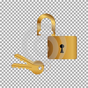 Doorlock, padlock, key icon gold-filled coloured on the grey background photo