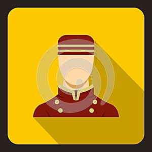 Doorman in red uniform icon, flat style