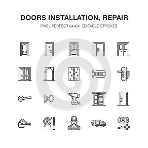 Doors installation, repair line icons. Various door types, handle, latch, lock, hinges. Interior design thin linear