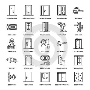 Doors installation, repair line icons. Various door types, handle, latch, lock, hinges. Interior design thin linear