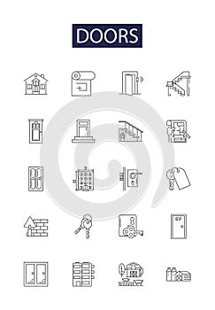 Doors line vector icons and signs. Entrance, Exit, Entry, Portal, Divide, Open, Close, Lock outline vector illustration