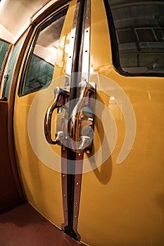 The doors of Moscow`s subway retro train of 1934. June 10, 2017. Moscow. Russia