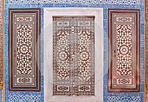 Doors with mother-of-pearl inlay in oriental style inTopkapi Palace in Istanbul, Turkey