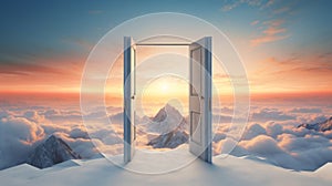 Doors open to a majestic mountain peak above the clouds at sunset. Concept of freedom, travel, adventure, discovery