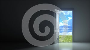 Doors opening to reveal beautiful sky and green field in dark grey room. Choice, business and success concept. 3d animation, 4K