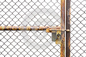 Doors rusted iron fence locked on white background
