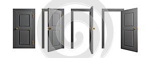 Doors set. Front view opened and closed door. Realistic isolated vector illustration.