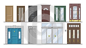 Doors vector doorway front entrance lift entry or elevator indoor house interior illustration set exterior building