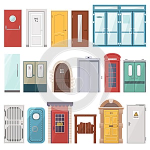 Doors vector front entrance doorway set to house and set of building in flat style doorstep illustration isolated on