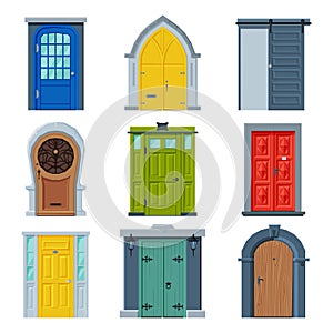 Doors in Vintage Style Collection, Facades and Apartments Architactural Design Elements Vector Illustration