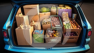 Doorstep Delivery: Trunk of Car Loaded with Fresh Food Products - ai generated