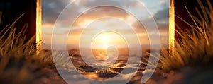 Doorway in the desert, ajar to new opportunities, bright sunlight, exploration and start-up theme, detailed 3D art photo