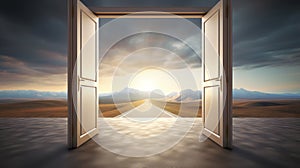 Doorway revealing a scenic road leading to mountains under a sunset sky. Concept of new beginnings, hope, freedom