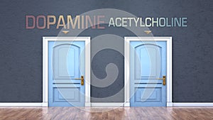 Dopamine and acetylcholine as a choice - pictured as words Dopamine, acetylcholine on doors to show that Dopamine and