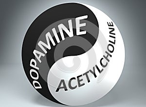 Dopamine and acetylcholine in balance - pictured as words Dopamine, acetylcholine and yin yang symbol, to show harmony between