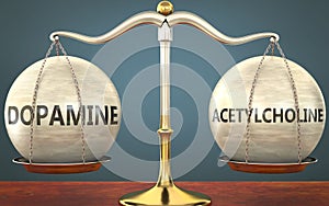 Dopamine and acetylcholine staying in balance - pictured as a metal scale with weights and labels dopamine and acetylcholine to