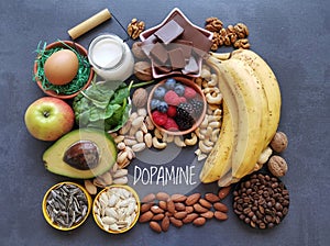 Dopamine boosting foods or brain super foods, natural sources of dopamine with inscription Dopamine