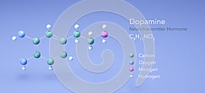 Dopamine, Neurotransmitter Hormone. Structural Chemical Formula and Atoms with Color Coding, 3d rendering