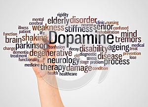 Dopamine word cloud and hand with marker concept