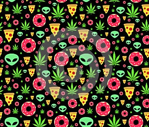 Dope trip flat vector seamless pattern marijuana leafs, donuts, pizza slices and aliens. Isolated on white background