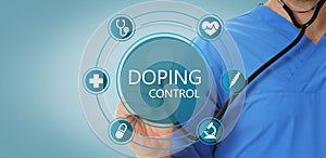 Doping control. Virtual icons and doctor with stethoscope on blue background, closeup