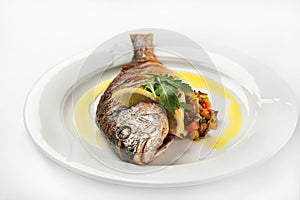 Dorada fish head close up. Grilled dorade on a white plate with sauce, arugula on a white plate isolated on whitebackground