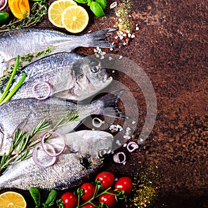 Dorada, fresh fish with vegetable, lemon, herbs, onion, paprika, cherry tomatoes, onion, salton dark vintage background. Copy spac