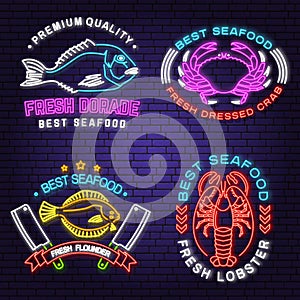 Dorade, lobster, flounder, crab neon sign. Vector. For seafood emblem, sign, patch, shirt, menu restaurants, fish