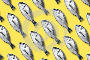 Dorado fish pattern, food concept. Demonstrating trendy Color of the Year 2021. Illuminating Yellow and Ultimate Gray photo