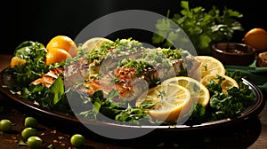 Dorado grilled on a barbecue and charcoal in a plate on green color background photo