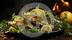 Dorado grilled on a barbecue and charcoal in a plate on green color background photo