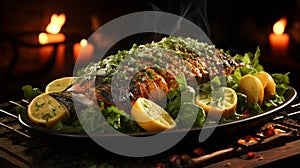 Dorado grilled on a barbecue and charcoal in a plate on green color background photo