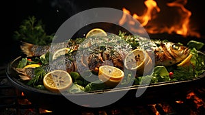 Dorado grilled on a barbecue and charcoal in a plate on green color background photo