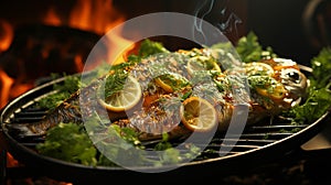 Dorado grilled on a barbecue and charcoal in a plate on green color background photo